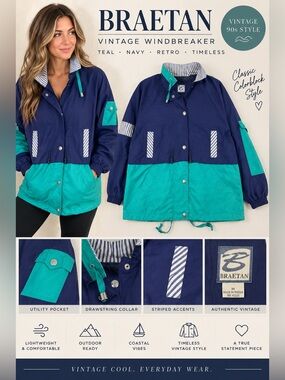 Braetan Vintage Colorblock Windbreaker Jacket Teal Navy Striped Size M